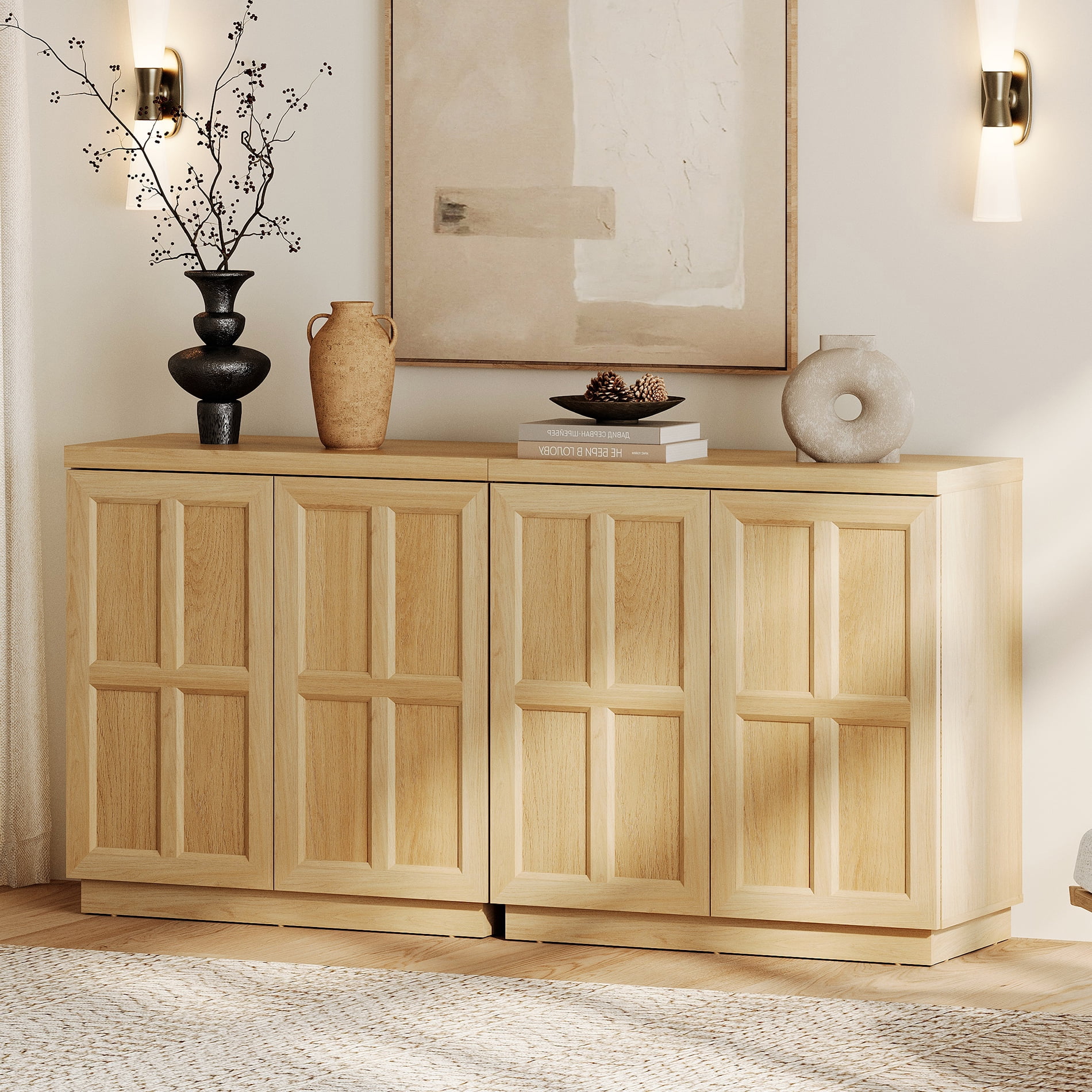 HOMOOI 2-in-1 Sideboard Buffet Cabinet with Cabinets and Adjustable Shelves,Boho 63" Heavy-Duty Wood Coffee Bar Cabinet,Modern Console Table for Kitchen, Dining Room, Living Room,Oak