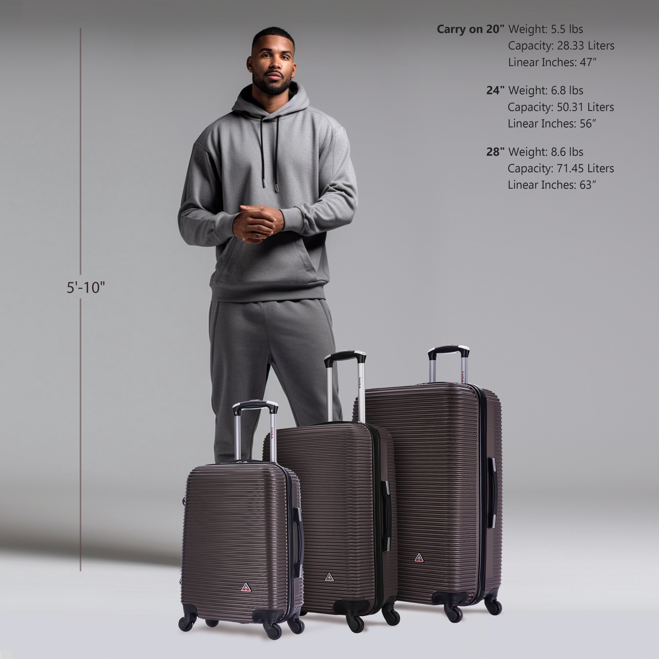 InUSA Royal 3-Piece Hardside Luggage Sets with Spinner Wheels, Handle, and Trolley, (20"/24"/28"), Brown