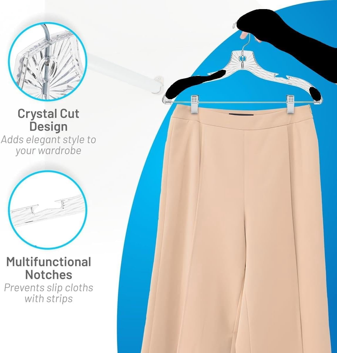 HARDW Clear Plastic Heavy Duty Clothes Hangers with Adjustable Clips - Crystal Clear Plastic Hanger, Durable Adult Hangers for Skirts, Pants, and More - Pack of 12