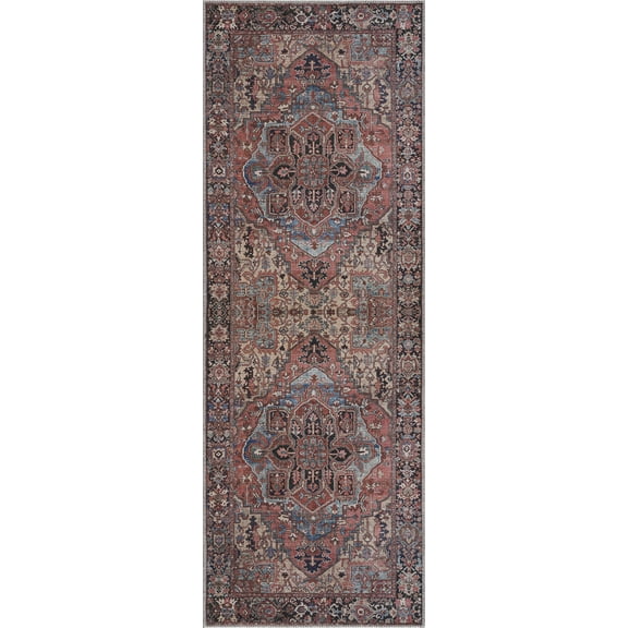 BoutiqueRugs Neyland Washable Runner Rug - Bright Red, Navy, Peach - 2'6" x 7'6" Runner