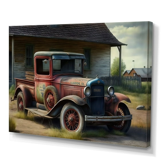 Designart 30S American Car At The Barn Canvas Wall Art