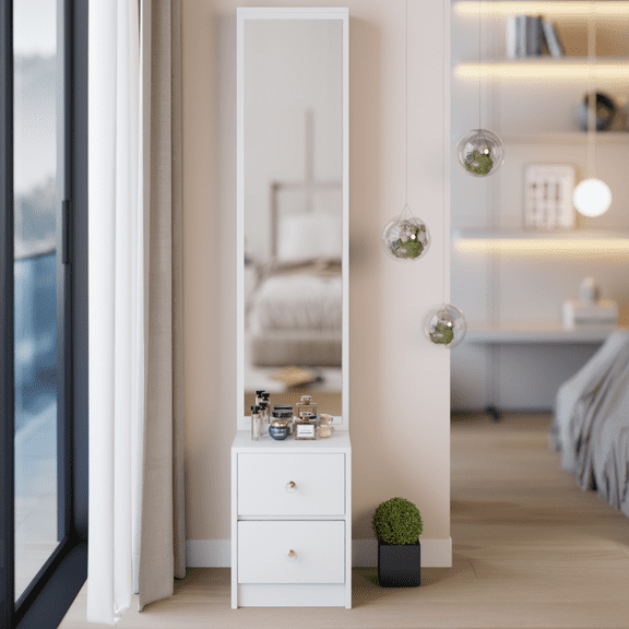 Concise, Practical, Elegant 11.8" x 15.7" x 63" Full Body Mirror Cabinet Modern Design for Bedroom Vanity & Bathroom Storage, Extra Large Mirror & Multi Layer Capacity, White Color, MDF Material