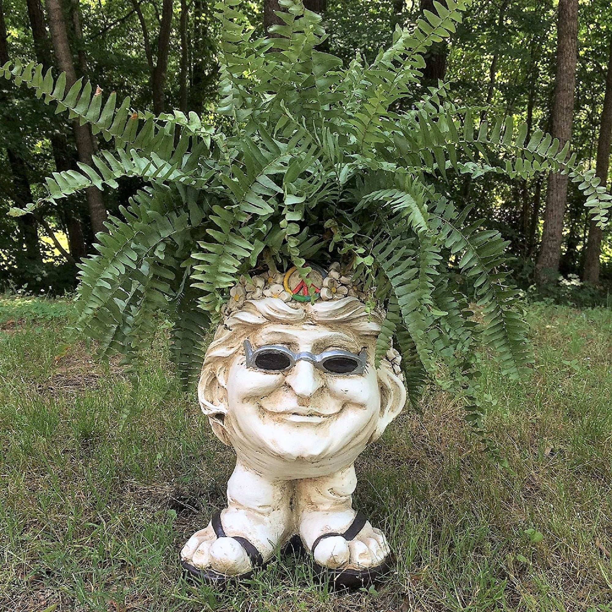 Homestyles 12"H Muggly Hippie Flower Child "Janice" Antique White Accent Face Humorous Planter Garden Statue (Holds 4" Pot)