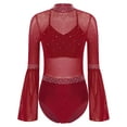thumbnail image 3 of TSSOE Womens Mesh Flare Sleeve Bodysuit Mock Neck Sheer Leotard Gymnastics Figure Skating Dancewear Burgundy M, 3 of 7