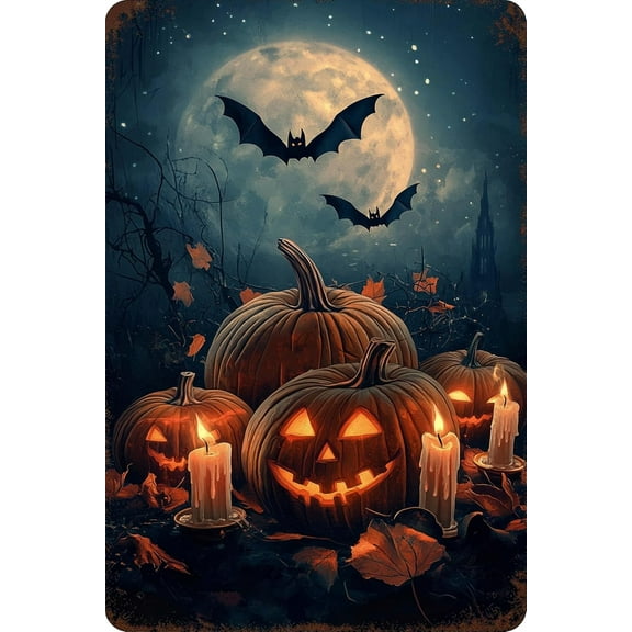 Halloween Metal Sign Vintage Pumpkin Lantern Wall Decor Aluminum Art Plaque for Home Kitchen Garden Office Halloween Party Decoration 8x12 Inch Spooky Night Bats Full Moon