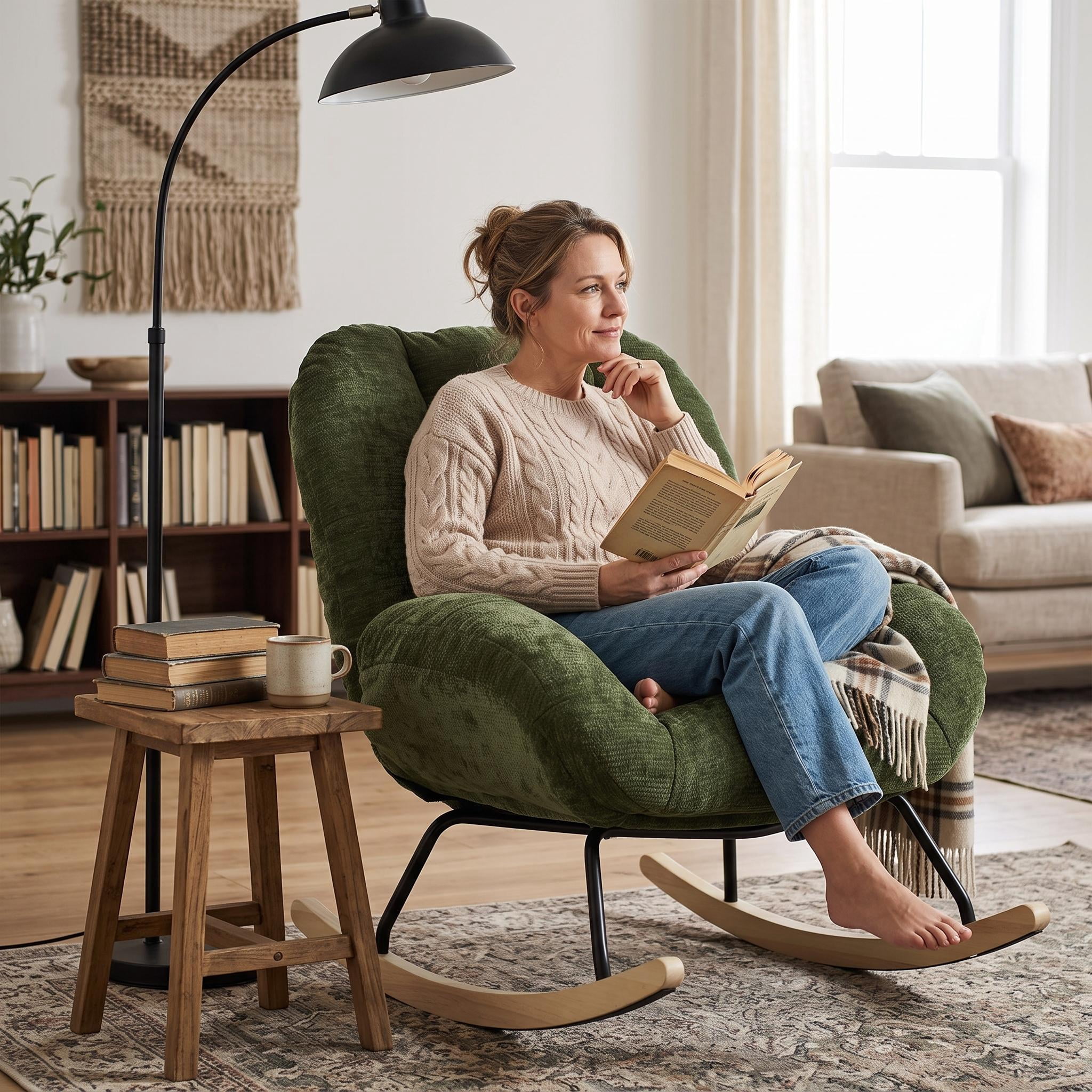 Homy Casa Green Upholstered Rocking Accent Chair, Oversized Lounge Chair with Wood Base