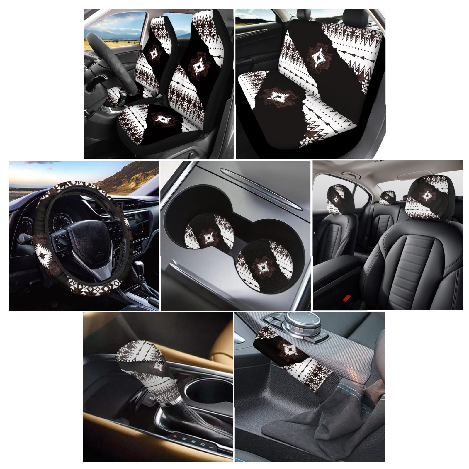Renewold American Tribal Car Seat Cover Set 11 Pieces for Women Men, with Auto Seat Protector Non-slip Steering Wheel Cover Headrest Cover Coasters Handbrake Cover Gear Shift Cover