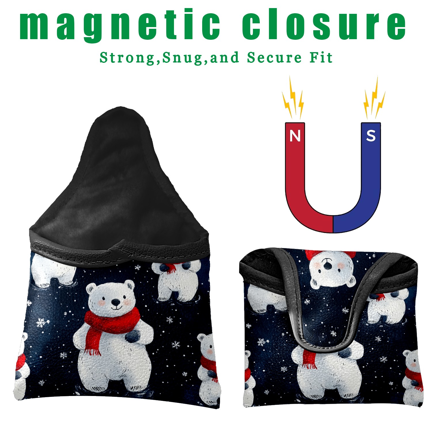 Golf Mallet Putter Cover Premium Leather Waterproof Golf Putter Head Cover with Magnetic Closure Cute White Bear