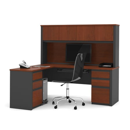 Bestar Prestige L-shaped Workstation - Bestar Prestige L-Shaped Workstation with Hutch and Dual Pedestals - Bordeaux and Graphite