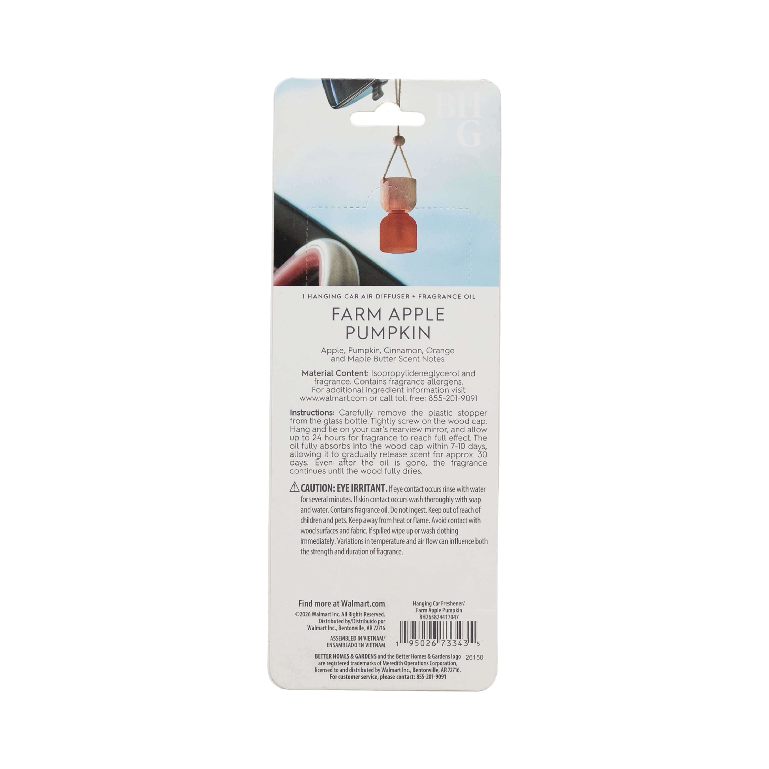 Better Homes & Gardens Farm Apple Pumpkin Scented Hanging Car Diffuser, 0.3 Fl (8 mL)