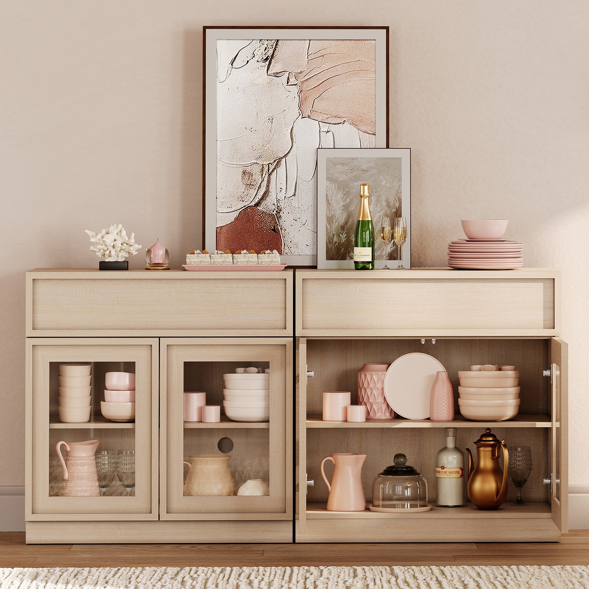 WAMPAT Modern TV Stand for TVs Up to 40", Wooden Entertainment Center TV Console with 4 Glass Doors and Drawers, Media Console Cabinet with Adjustable Shelf for Living Room, Bedroom, Beige