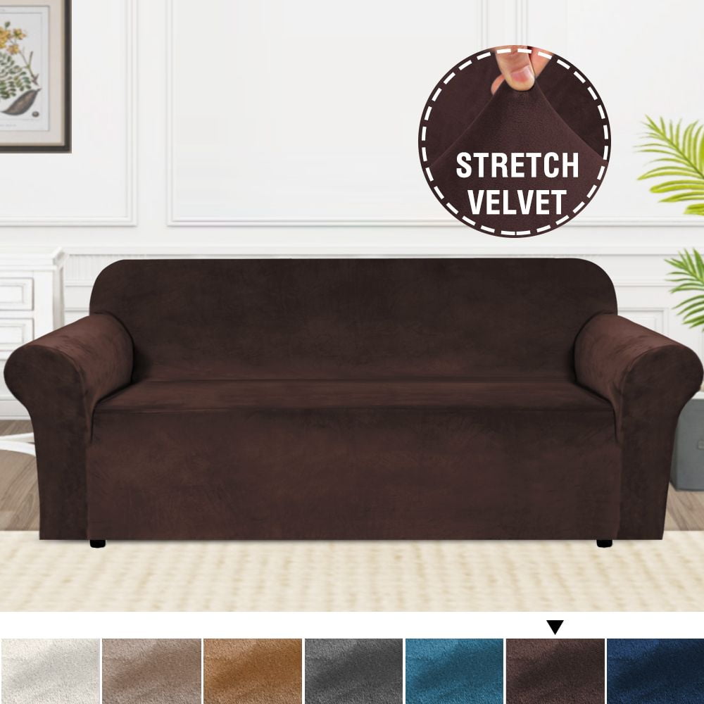 H.VERSAILTEX 1-Piece Luxury Velvet Sofa Stretch Slipcover, Brown