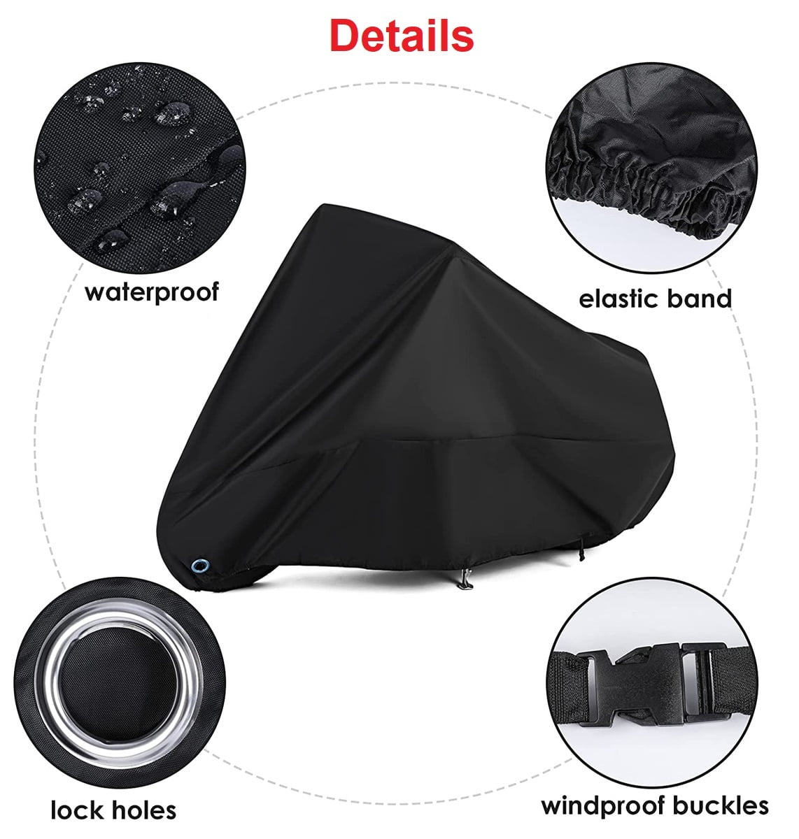 Motorcycle Cover Waterproof All Weather Universial Windproof UV Resistant Outdoor Protection with Lockholes, Black, L: 87x37x43 inch