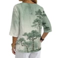 thumbnail image 2 of Xoenoiee Green Pine Tree Print Womens 3/4 Sleeve Tops Cotton Linen Shirts V Neck Lace Casual Loose Fit Blouses Button Down Boho Tees, M, 2 of 7