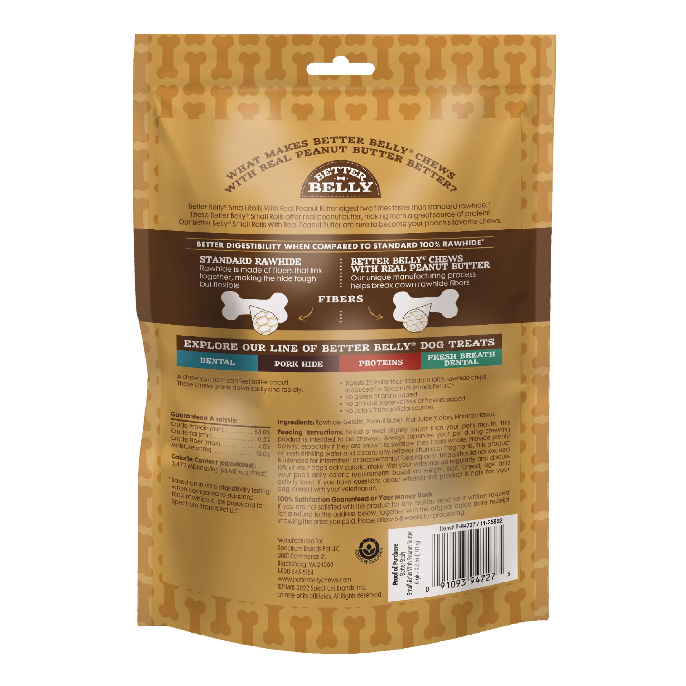 Better Belly Small Rolls Chew with Real Chicken & Peanut Butter, Highly Digestible Dog Treat, 6 Count