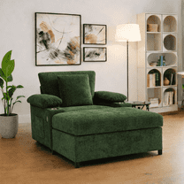 Chaise Lounge Chair Indoor, Chenille Single Reading Chair with Armrest Storage and USB, Cup Holders, Green