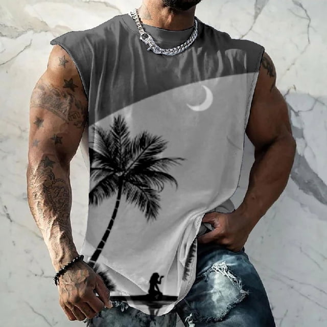 TIMIFIS Mens Beach Tank Top Summer Tropical Palm Tree Print Sleeveless Tee Shirt Loose Workout Muscle Tanks Shirt - Spring/Summer