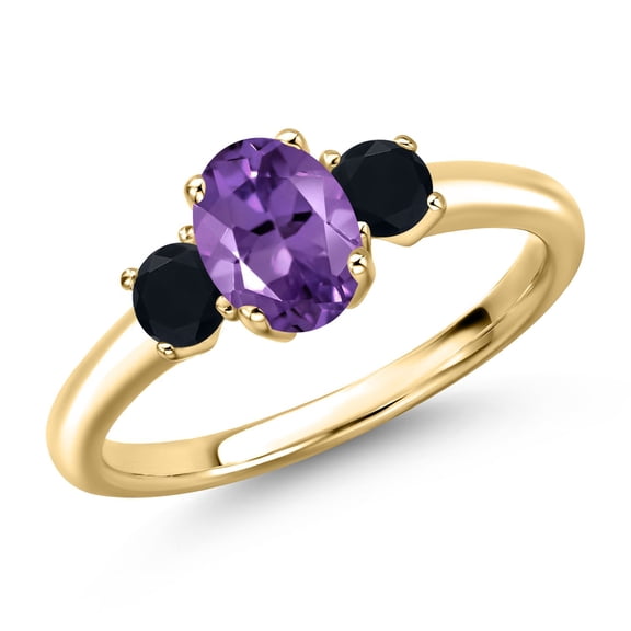 Gem Stone King 10K Yellow Gold Purple Amethyst and Black Onyx Engagement Ring for Women | 1.01 Cttw | Oval 7X5MM | Gemstone February Birthstone | Size 8