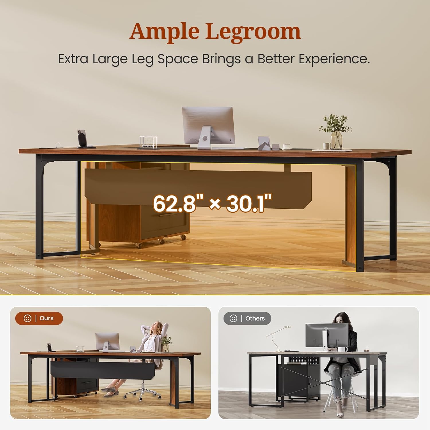 63" L Shaped Executive Desk with Mobile File Cabinet, Modern Corner Computer Desk with Power Outlets, Desk Business Workstation Set, Walnut
