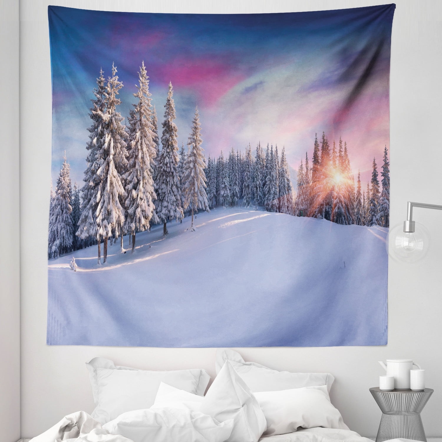 Winter Tapestry, Idyllic Panorama of Winter Sunrise in Snow Covered  Mountains Serenity Freshness, Fabric Wall Hanging Decor for Bedroom Living  Room Dorm, Sizes, Multicolor, by Ambesonne