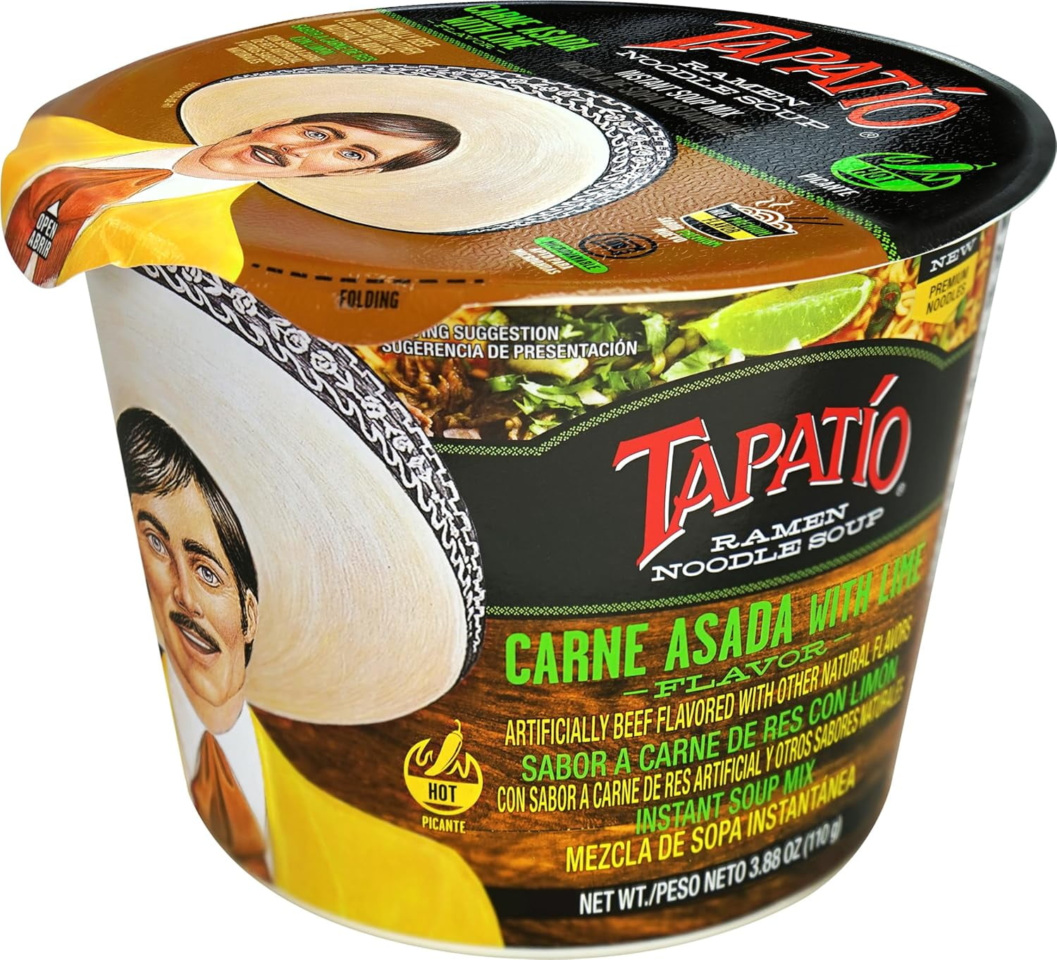 Tapatio Ramen Noodle Soup - Big Bowl Carne Asada with Lime Flavor, 3.88 Oz (Pack of 6) | Spicy Instant Ramen | Microwave Ready