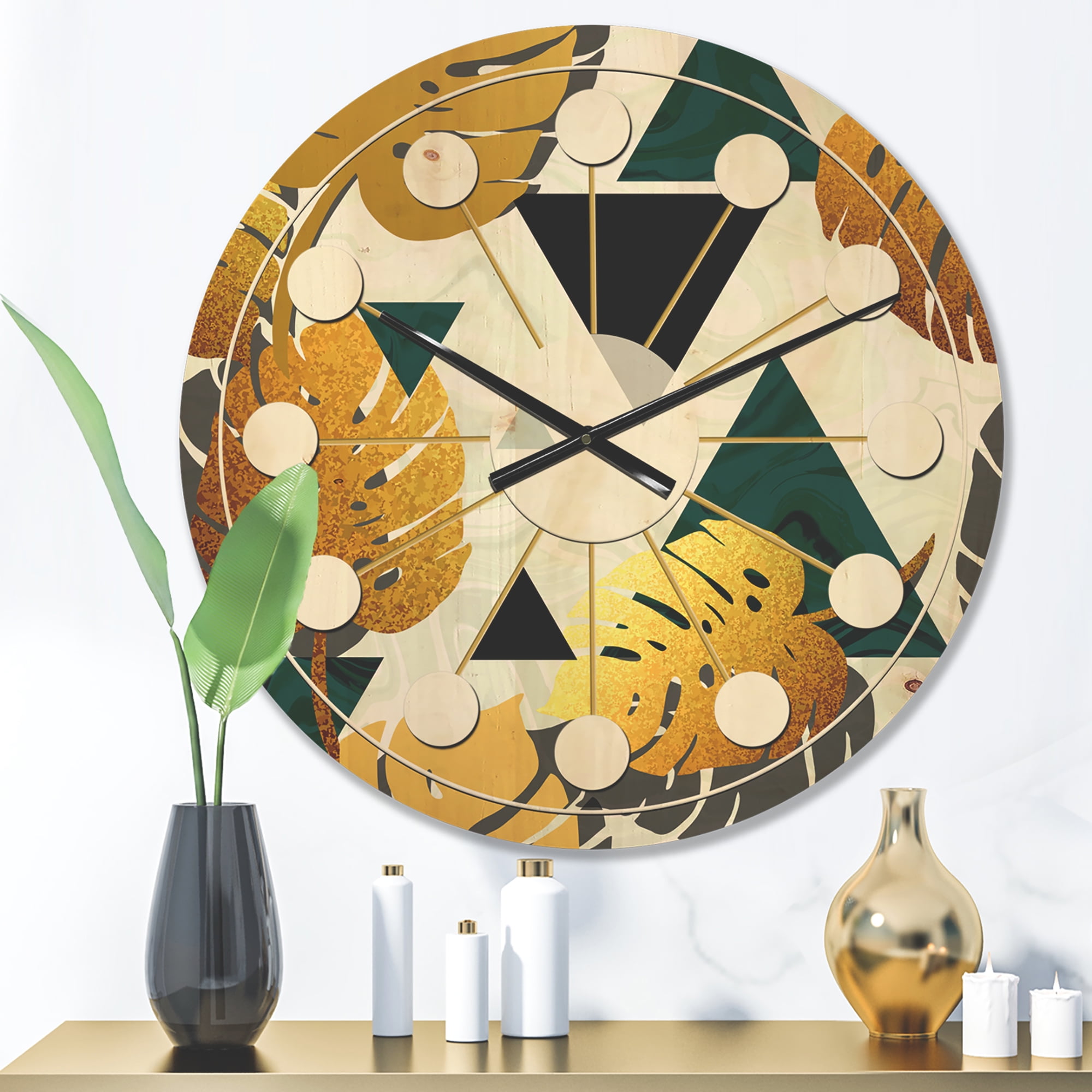 Designart 'Retro Golden Foliage V' Mid-Century Modern Wood Wall Clock