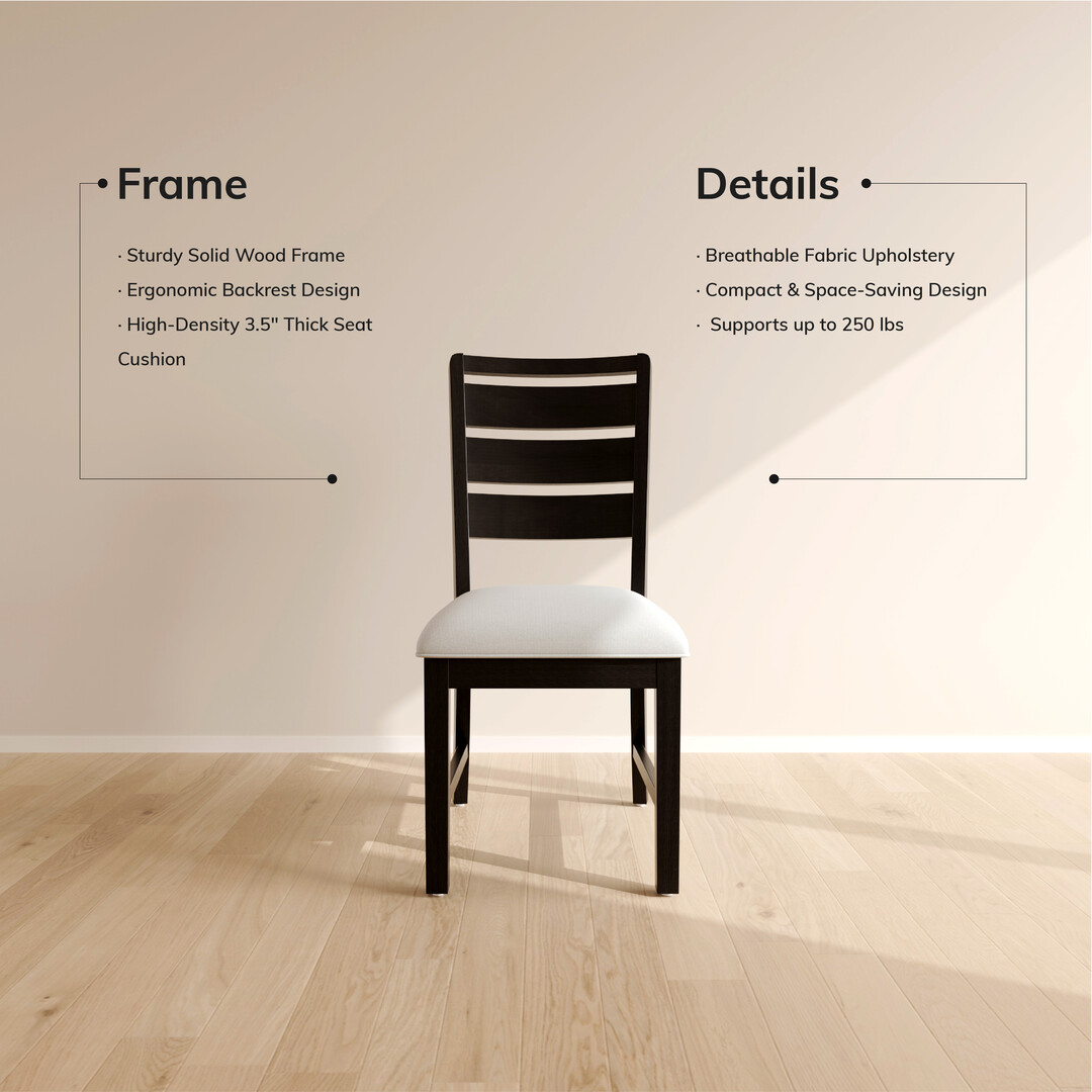 COLAMY SERA Solid Wood Dining Chair Set of 2 with Fabric Upholstered Cushion, Ladder Back Farmhouse Kitchen Chair, Modern Two-Tone Chair for Home and Restaurant, Black