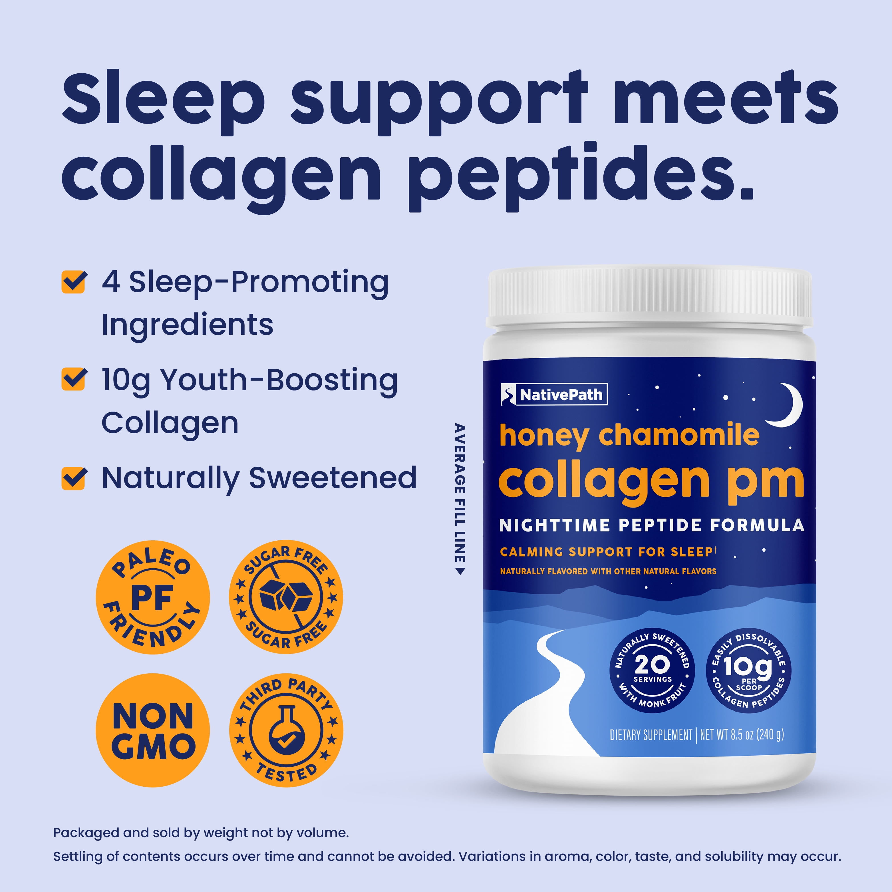 NativePath Collagen PM Honey Chamomile, Sleep Support with Melatonin & Magnesium, 20 Servings