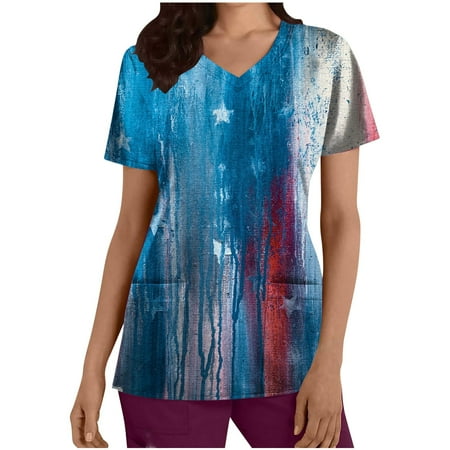 

abcnature Co.Ltd 4Th of July Scrubs Tops for Women American Flag Printed Short Sleeve Workwear T Shirts Holiday Patriotic V-Neck Uniform Blouse with Pockets