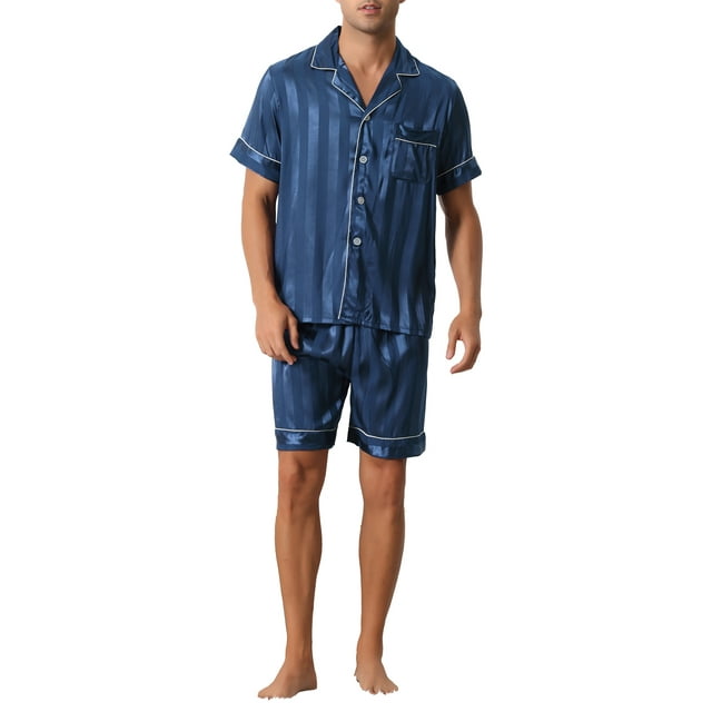 Conjunto de pijama de camisa de botones de satén a rayas de manga corta y pantalones cortos para hombre L azul