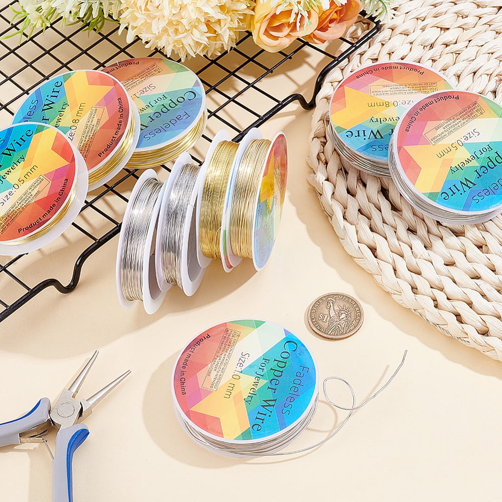 10 Rolls 10 Styles Round Copper Jewelry Wire Long-Lasting Plated Mixed Color 0.4~1mm 1 roll/style