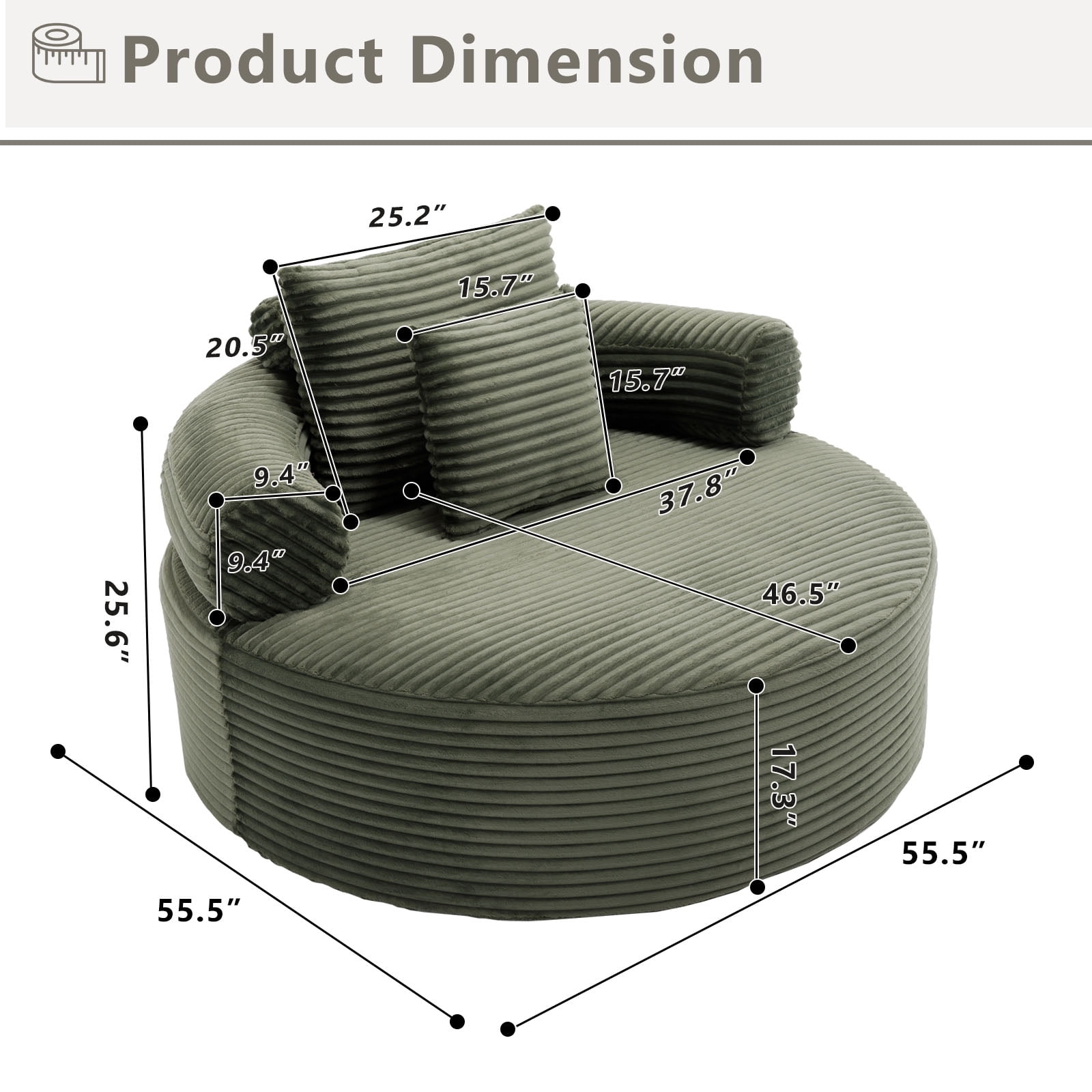 Miniyam 55.5" W Round Oversized Chaise Lounge Indoor with Memory Foam for Living Room, Cloud Couch with 3 Pillows, Green
