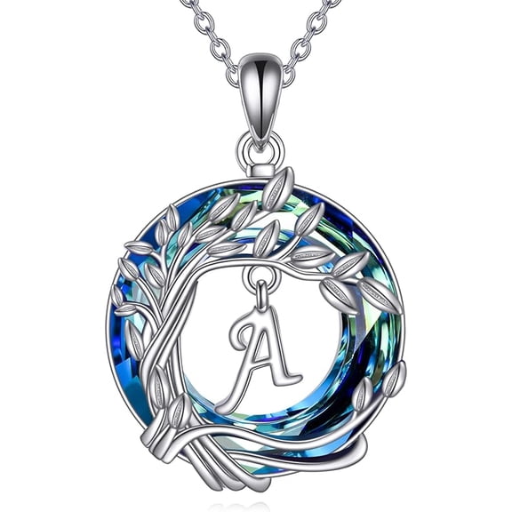 Initial Necklace 925 Sterling Silver Tree of Life Pendant Blue Crystal Jewellery Gift for Ladies Mother Sisters