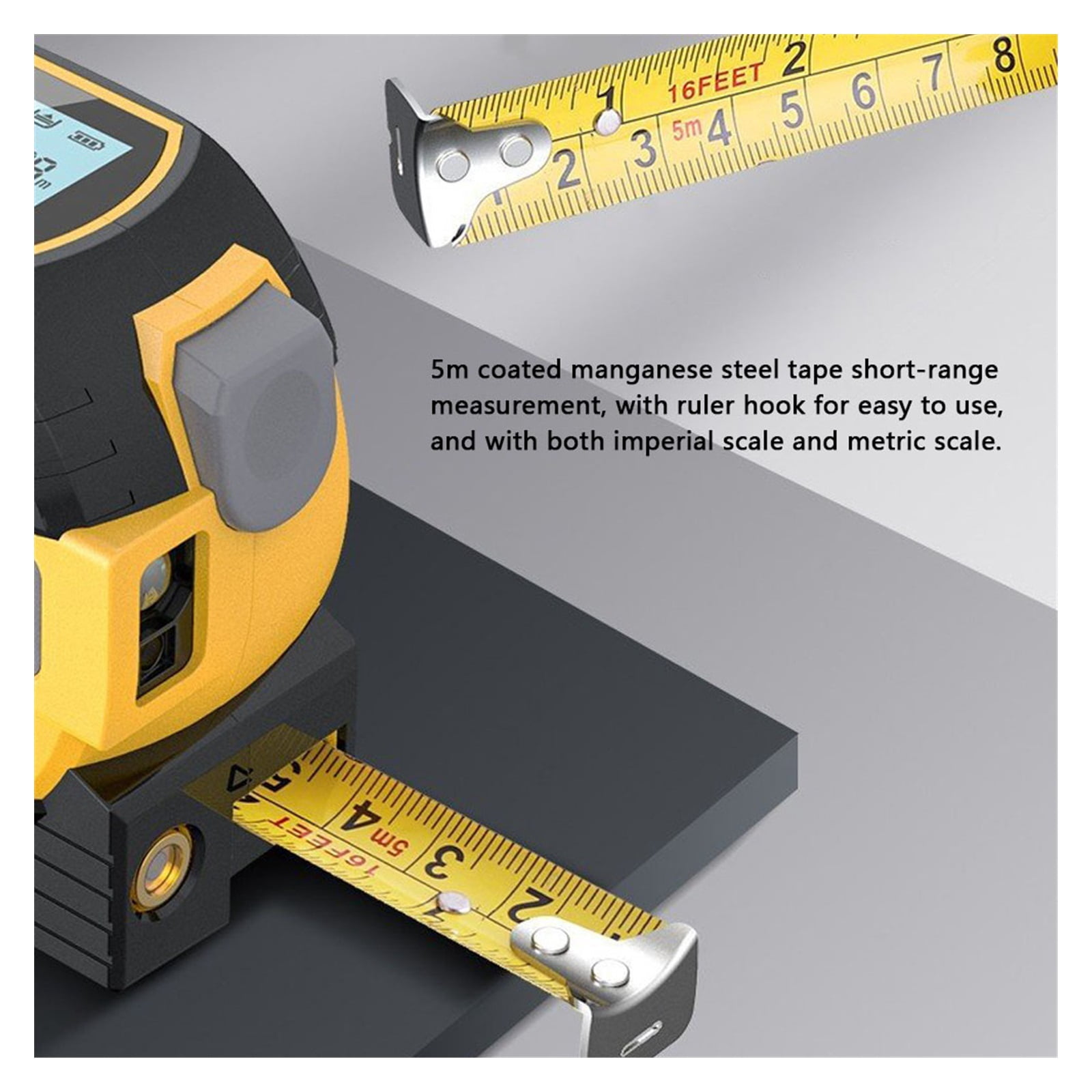 3 In 1 Rangefinder With 5m Tape Measure Ruler LCD Display with Backlight Distance Meter Building Measurement Device ,Easy to Use