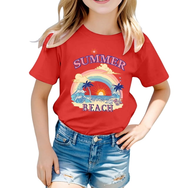 Zhuashum T-Shirts Fille Manches Courtes Haut Graphique Lettre Coupe Ample Col Rond pour Enfants Vêtements Rétro Rouge 1-2 Ans