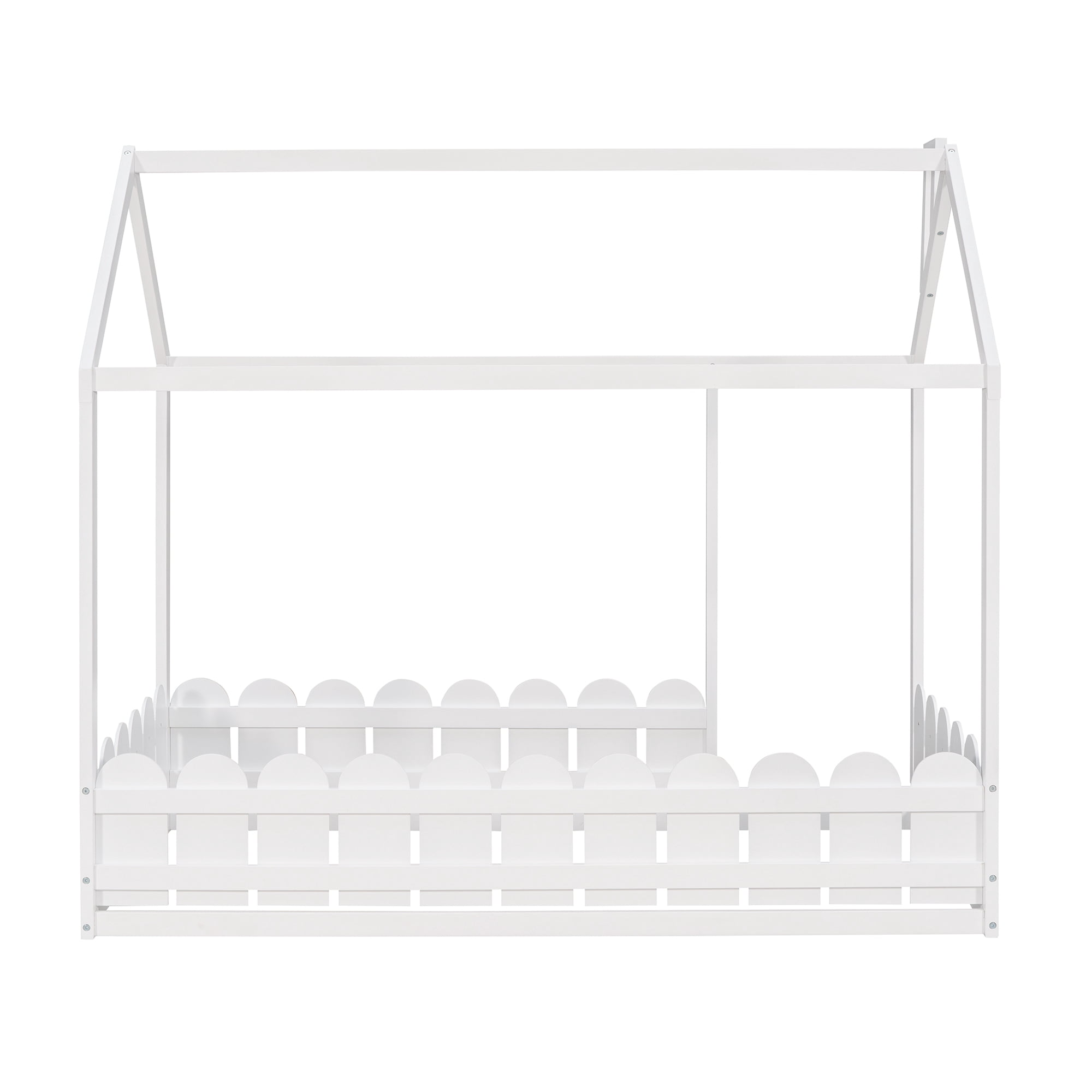 Gewnee Twin Size House Bed with Fence and Roof,Wood Floor Bed Frame for Toddlers and Kids,White