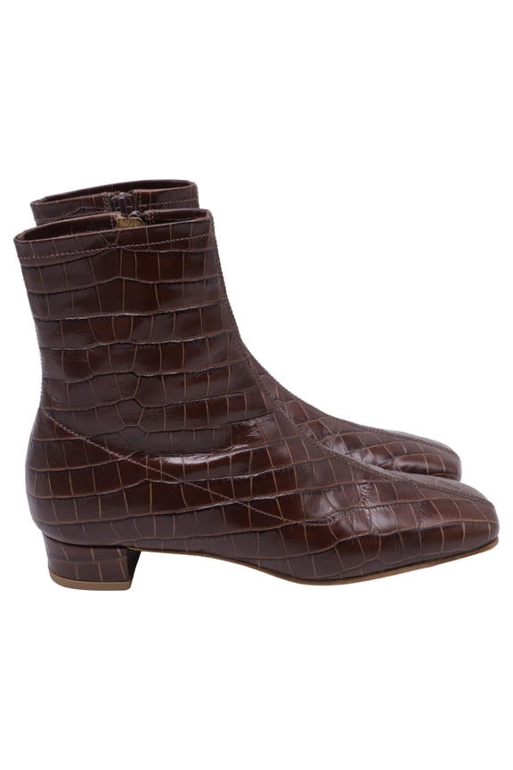 Pre-Owned By Far Croc-Embossed Ankle Boots in Brown Leather