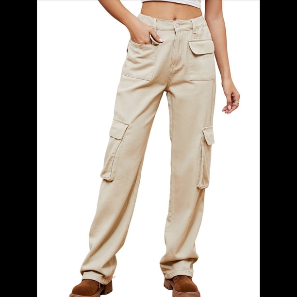 Pantalones Cargo de Cintura Alta para Mujer, Pantalones Casuales de Pierna con 6 Bolsillos. Caqui Superficial L