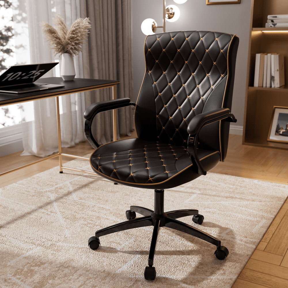 HomeZeer Black Office Chair with Wheels, Ergonomic High Back Executive Desk Chair with Padded Arms, Modern PU Leather Embroidery Computer Chair with Rocking Function