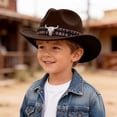 thumbnail image 2 of Emitonse Toddler Sun Hat,Kids Western Hats Boys Girls Cowboy Cowgirl Hat Felt Hat Cowboy Coffee,Size 3-8 Years, 2 of 5