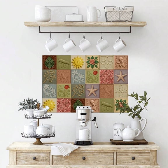 Retro Mosaic Tile Stickers Wall Decor - G Color, Waterproof PVC Self-Adhesive 4x4 Inch, 24pcs for Kitchen Bathroom