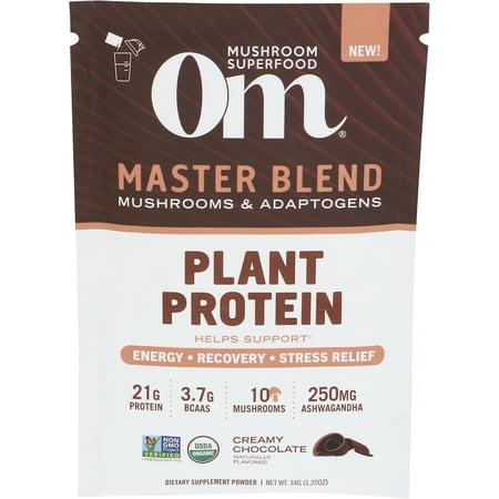 Om Mushroom Superfood, Protein Plant Based Master Blend Chocolate Single, 1.3 Ounce