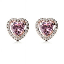 Paris Jewelry 24k Rose Gold Halo Heart Created Pink Sapphire Stud Earrings plated