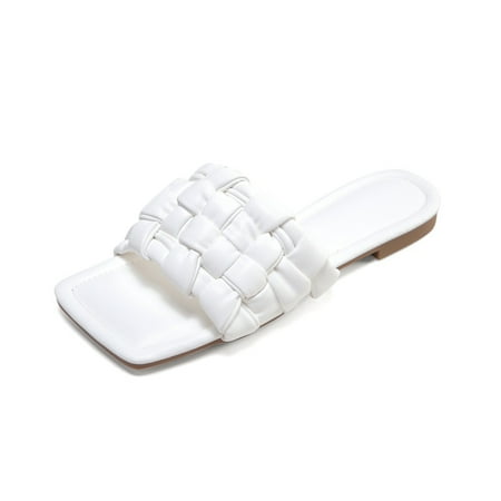 

MEGAWHEELS Sandals Braided Flat Square Open Toe Slip on Slippers for Women