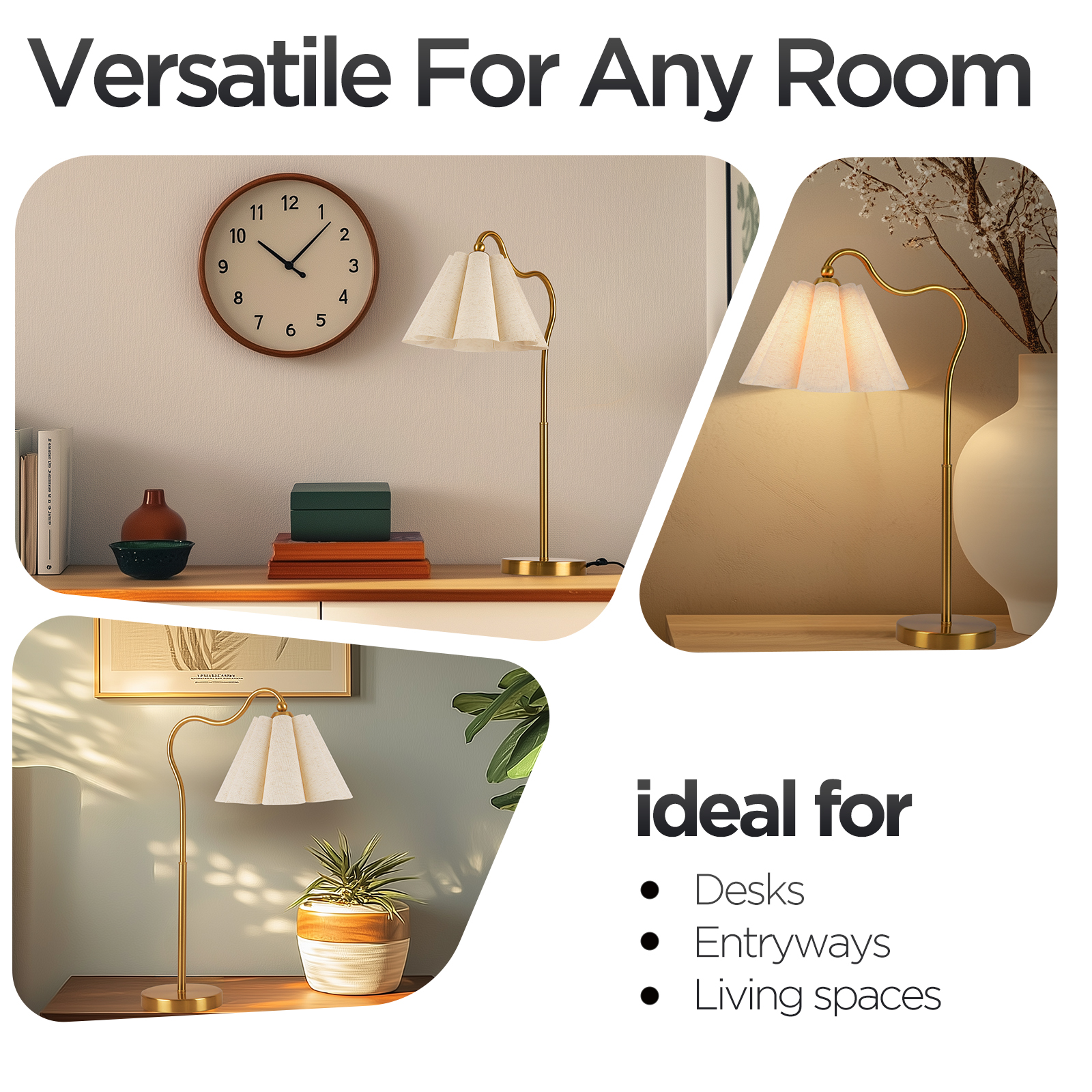 KUNJOULAM Modern Minimalist Style Gold Curved Metal Lamp Post Decorative Desk Lamp, Use E26 Bulb With Linen Petal Shaped Lampshade(bulb Not Included)