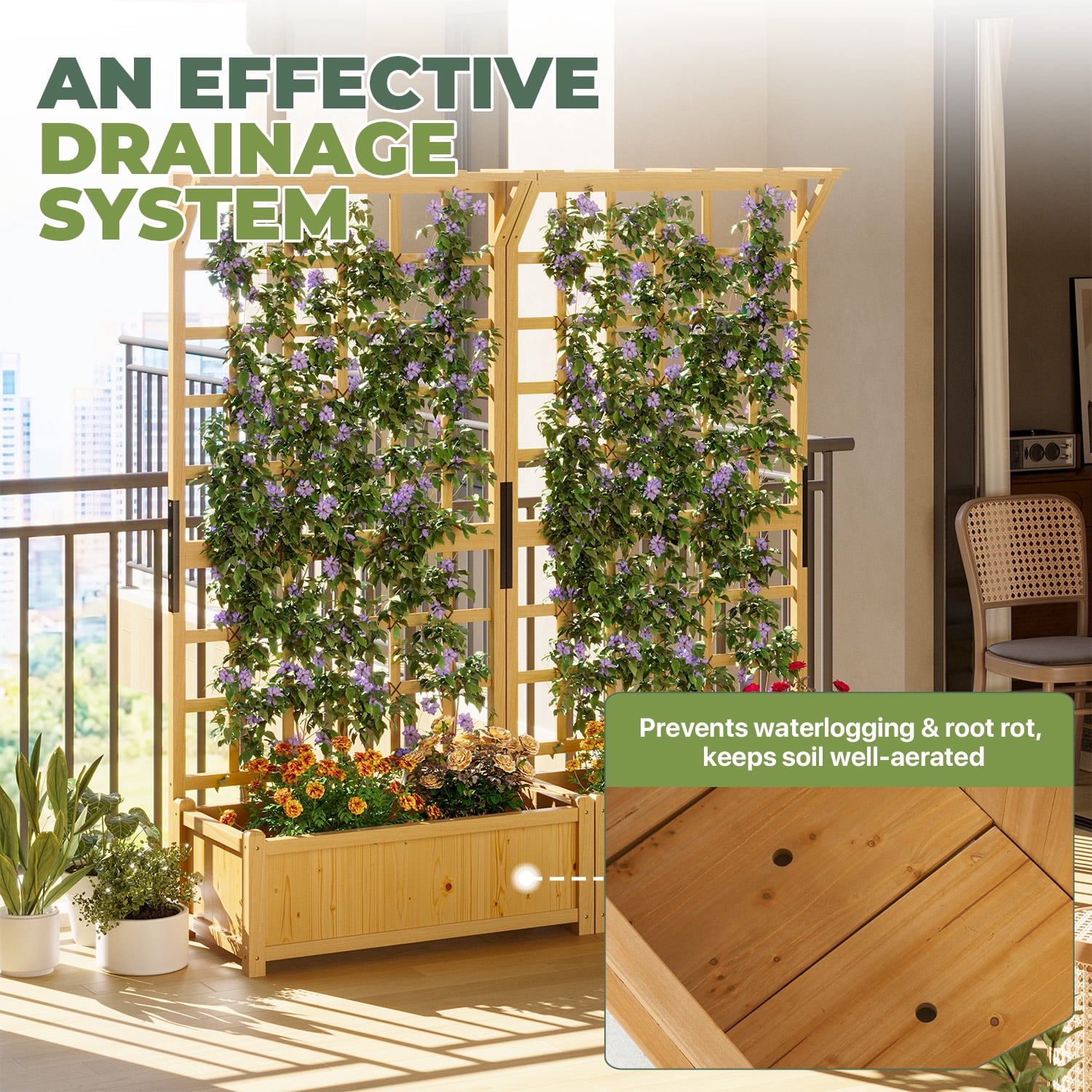 BaPiPro Yellow-Brown Tall Wood Planter Box with Trellis - 36" Raised Garden Bed with Hanging Roof, Outdoor Elevated Planter for Climbing Plants, Flowers - 2-Pack for Patio, Balcony