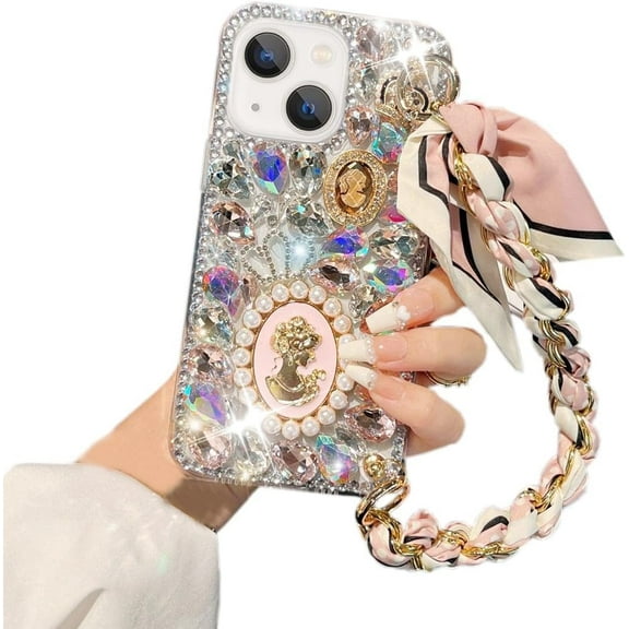 Compatible with iPhone 14 Glitter Bling Case, Cute Luxury 3D Crystal Queen Rhinestone Full Diamond with Silk Scarf Wristband Chain Women Girls Case Cover for iPhone 14 6.1"