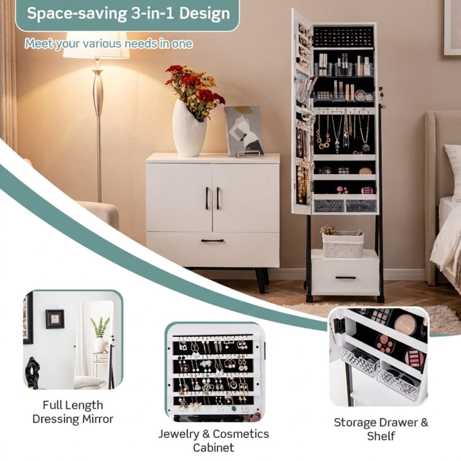 Furnibear Jewelry Cabinet with Full Length Mirror for Bedroom Dressing Room Standing Storage Cabinet with Mirror, White