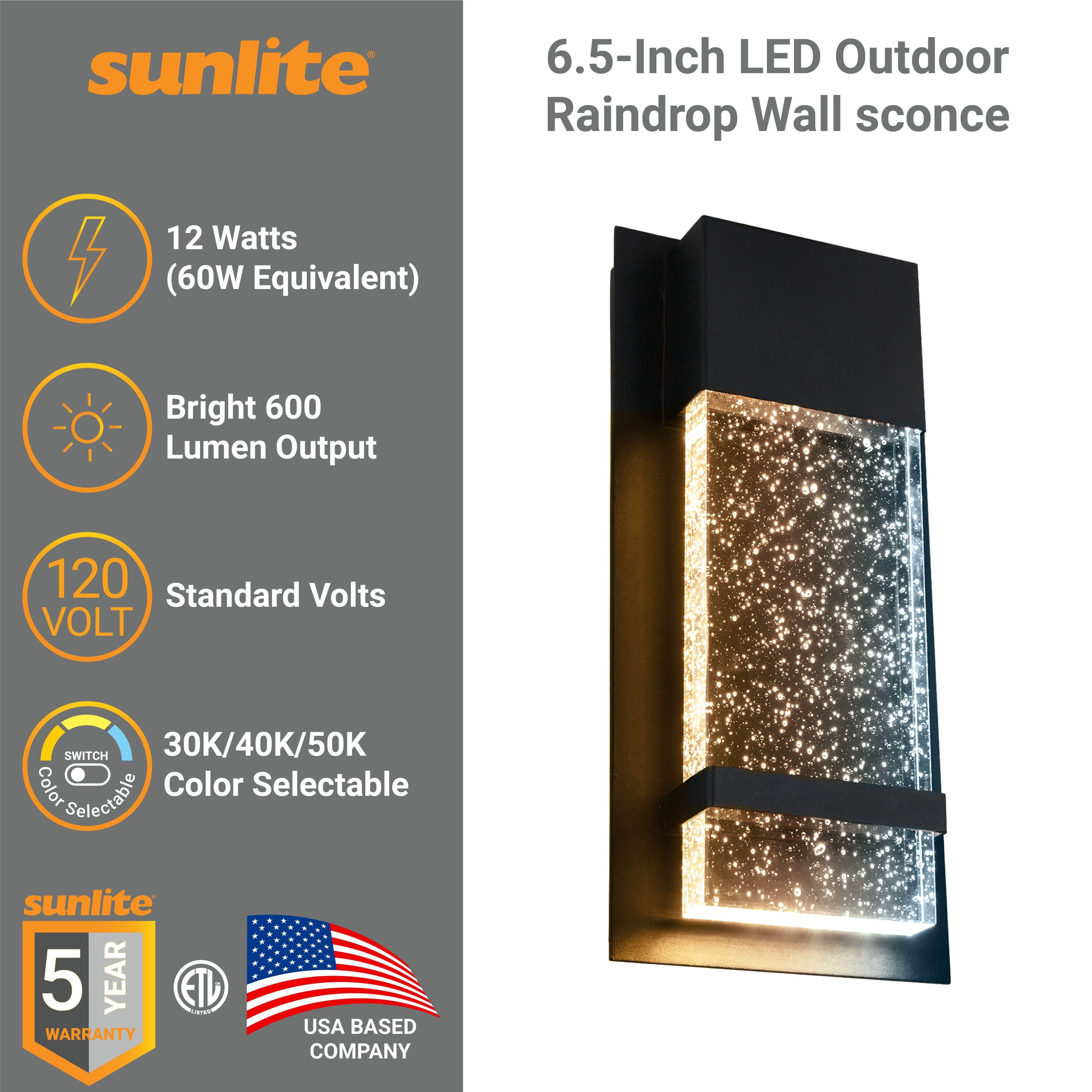 Sunlite 6.5-Inch LED Outdoor Raindrop Wall Sconce Light Fixture, 12 Watts (60W=), 600 Lumens, Color Selectable 30K/40K/50K, Dimmable, 120V, ETL Listed, Black, For Patios, Garage & Entryway Use