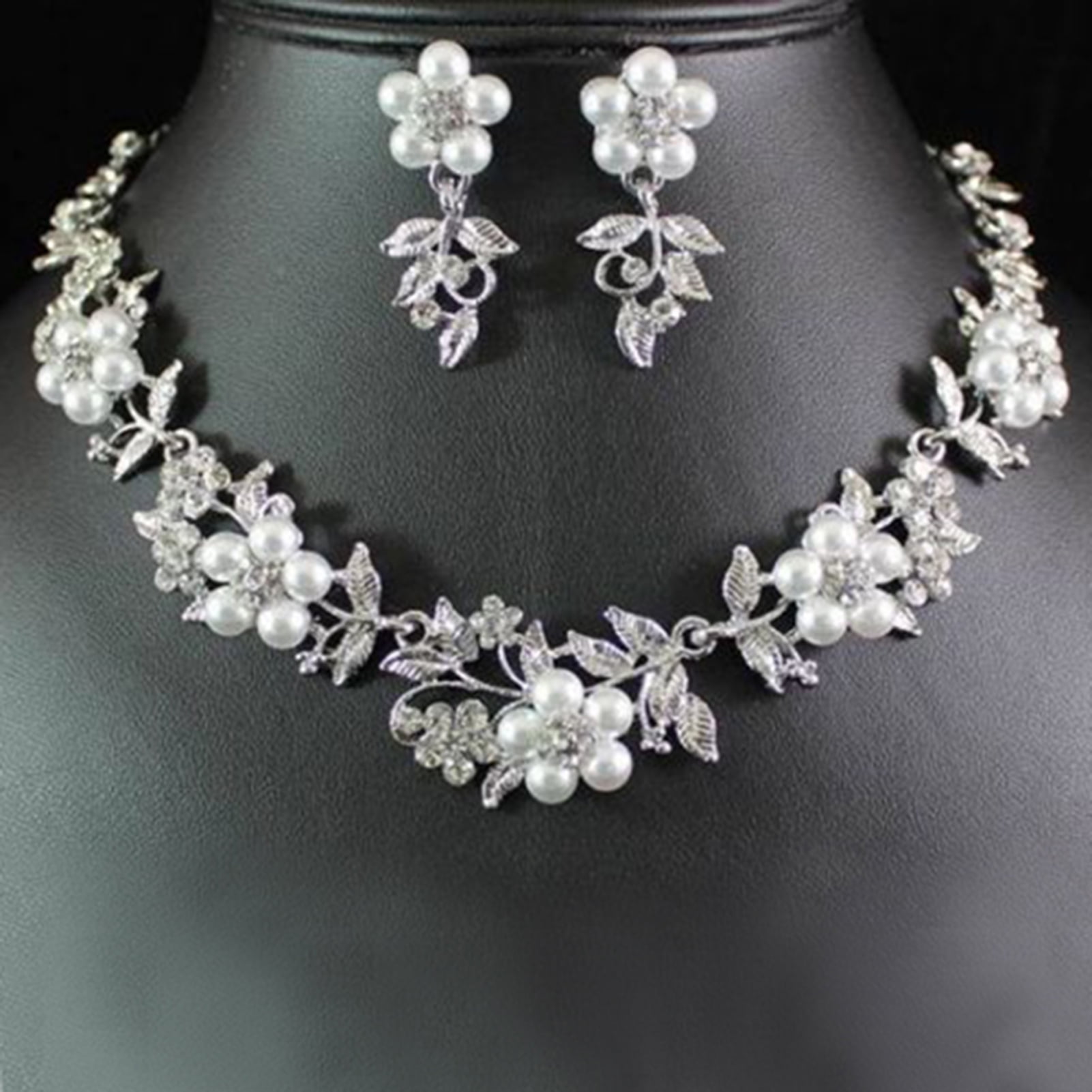 QA_ Trendy Rhinestone Faux Pearl Necklace Earrings Women Bride Wedding Jewelry 